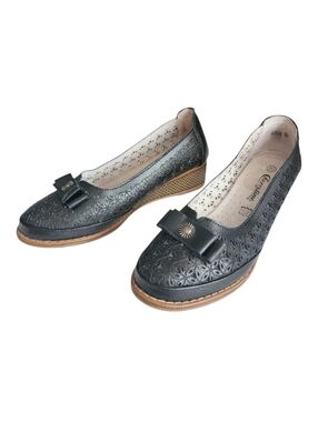 Embellished black leather wedge heels shoes slip on bow women US 8.5